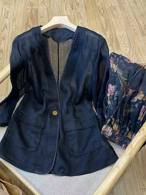 

High-End Women's Summer Linen One-Button V-L ort-Sve Skinny Fit Coat Thin Long Sve Classic Bla Workwear