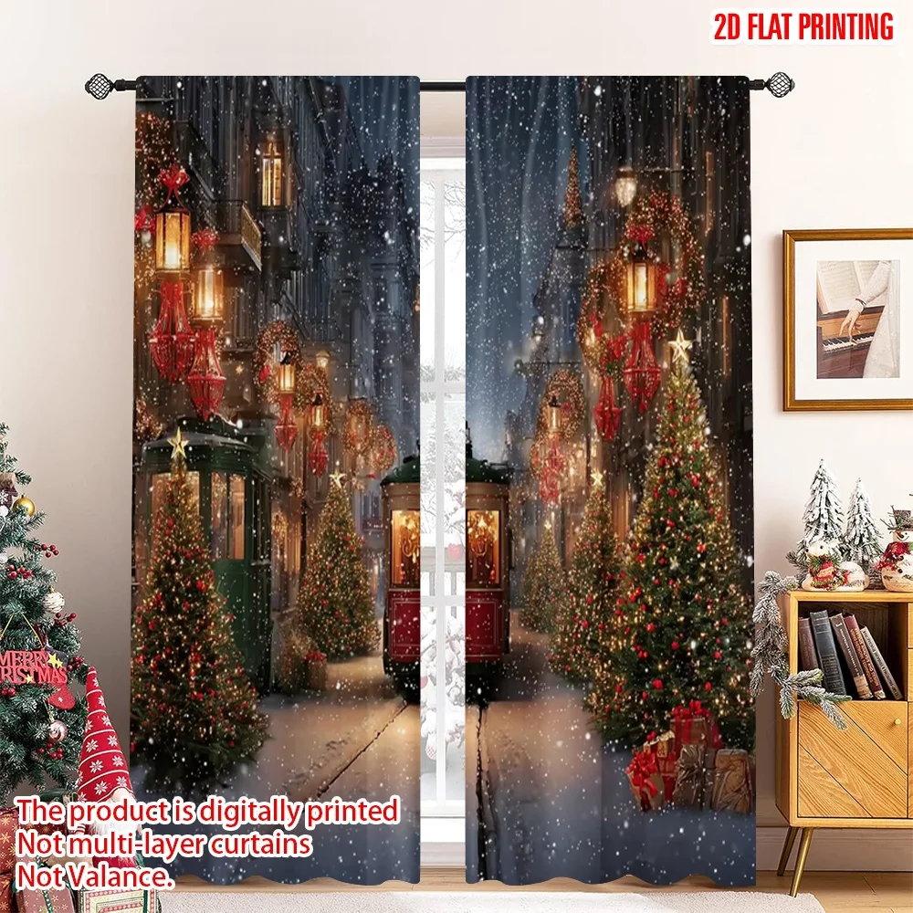 2pcs 2D flat printing Merry Christmas Curtains Large Winter Wonderland Christmas Train Digital Printed Polyester Drapes Festive