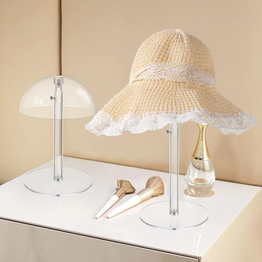 حامل عرض قبعة أكريليك شفاف قابل للتعديل لقبعات البيسبول وقبعات رعاة البقر وحامل كونترتوب مقبب مع تصميم رأس شعر مستعار