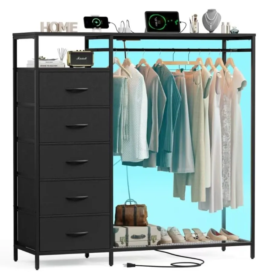 47 Inch Black Dresser with LED Lights and Hanging Rack 5 Drawer Fabric Dresser with Charging Station and Shelves Tall Closet Or