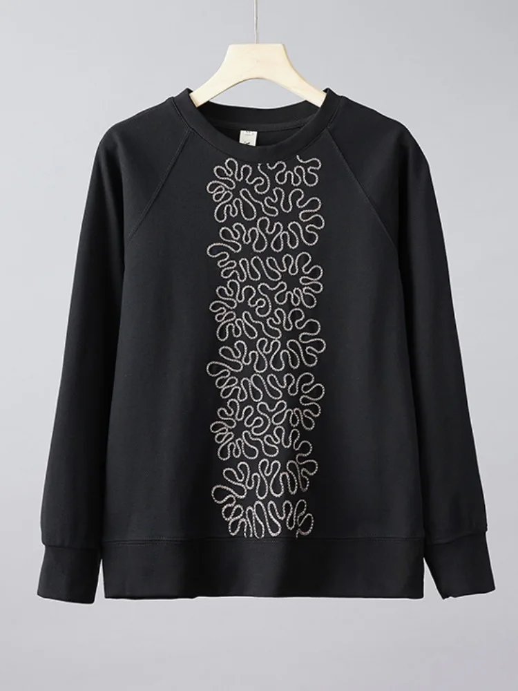 

Black 3D Embroidery Pure Cotton round Neck Sweatshirt Women's Unique Design Casual Anti-aging Long Sleeve Top Comfortable Fit