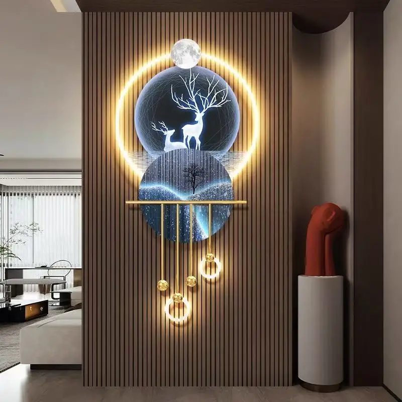 #Nine Fish Picture Living Room Perpetual Calendar Grille Decorative Pendant Elk Entrance New Electronic Clock With Light Mural