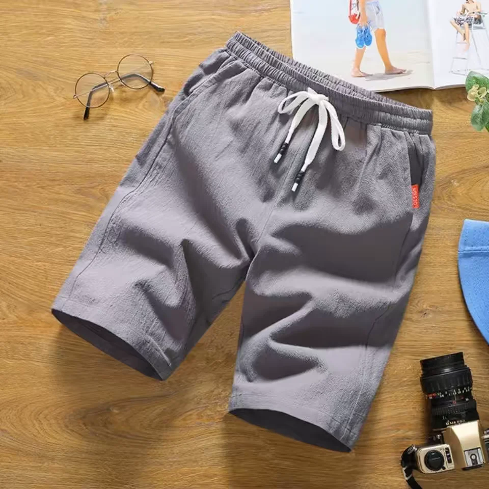 Cotton Linen Men's Summer Sport Casual Five-Pointed Shorts Thin Beach Pants Loose Fit All-Match Youth Pure Color Mid-Waist