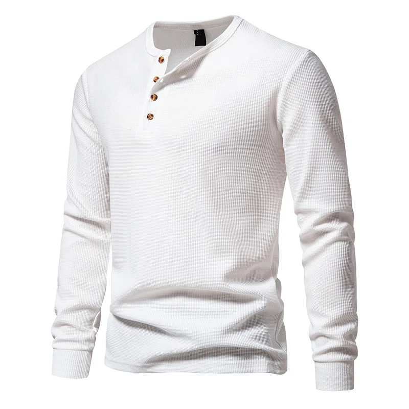 Mens White Waffle Henley Casual Henley T-Shirts Men Cotton Slim Fit Long Sleeve T Shirt Men Daily Business Work Tee Shirt Homme