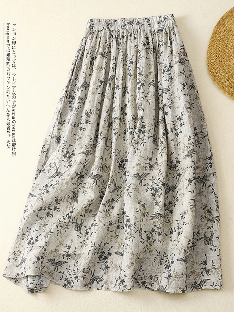 

Elegant Floral Print High Waist Midi Skirt Women's Summer Fashion Design Sensation Elastic Waist Linen Half-length Skirt