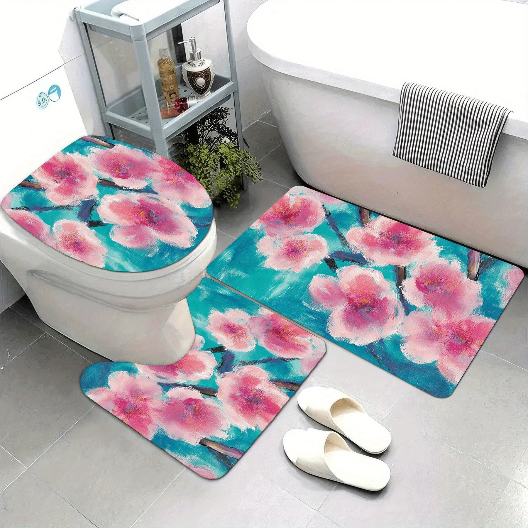 

3pcs Super Soft Bathroom Floor Mats Set, Absorbent, with Non-slip Backing, Plum Blossoms Print Suitable for Bathroom, Toilet