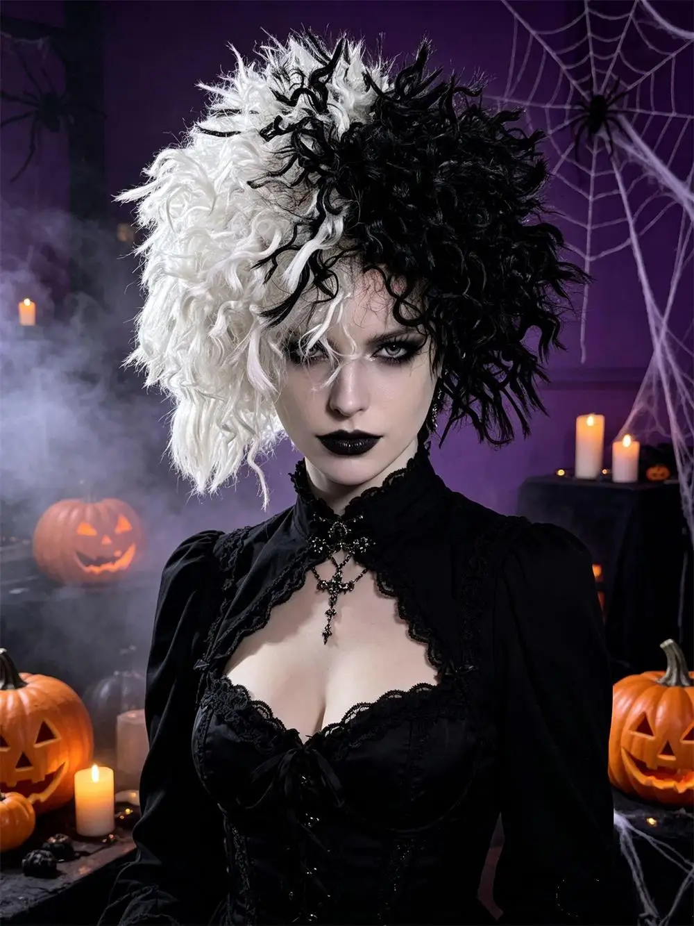 Black White Mixed Short Curly Fluffy Afro Character Synthetic Wig Cosplay Halloween Party Costume Role Play