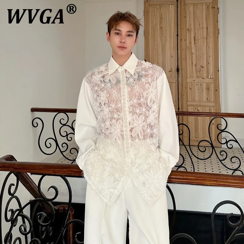 

WVGA Spring Summer New Men's Tide Techwear Hollow Out Floral Splicing Pearl Long Sleeve Shirts Loose Chic Casual Shirt Ins W7467