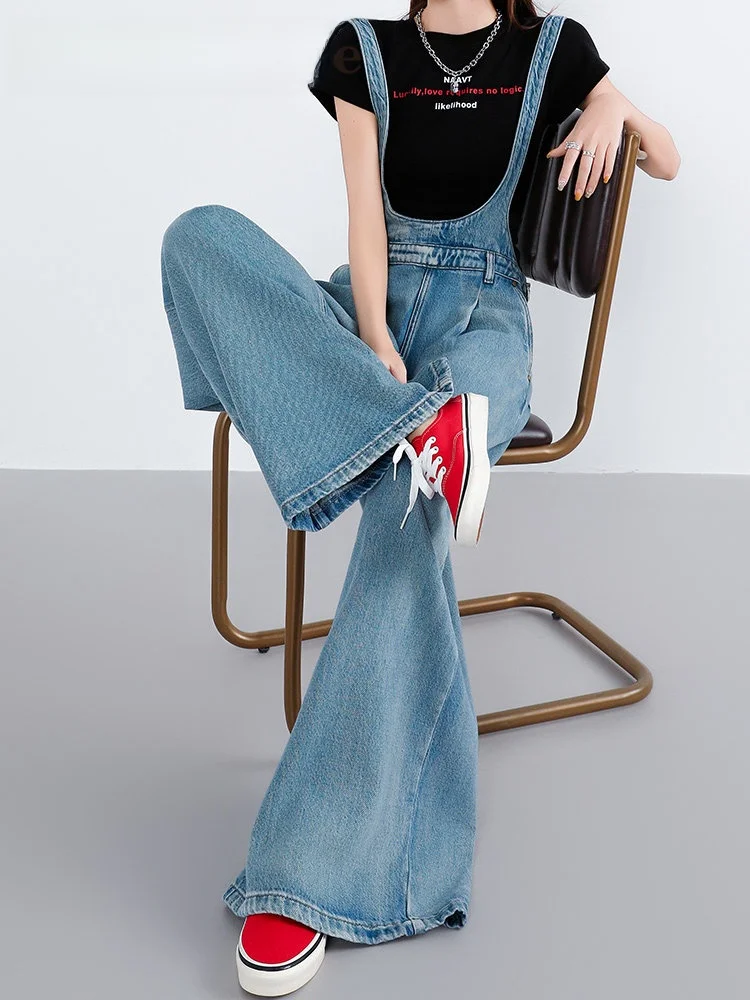 

La Chapelle High Waist Straight Leg Denim Overalls Women's Spring New Sle Vintage Blue Jeans Wide Loose Floor-Length