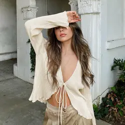 2025 New Summer Sexy Spicy Girl Top Slim Fit Women Pleated Plain Shirts Chic Long Flare Sleeve V- Neck Tie Up Cardigans Tops