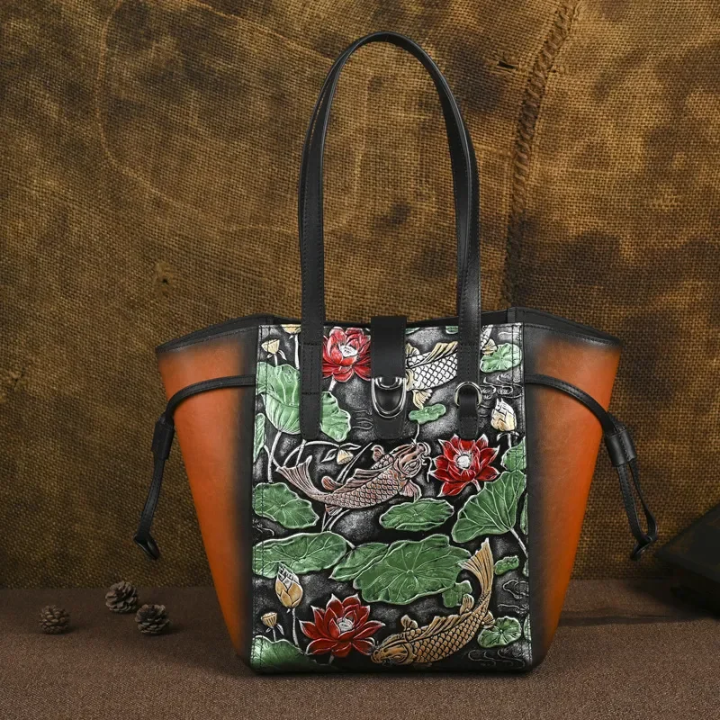 Vintage Embossed Leather Tote Bag For Women Large Capacity Shoulder Handbag Ethnic Style Painted Design Fits A4 Documents