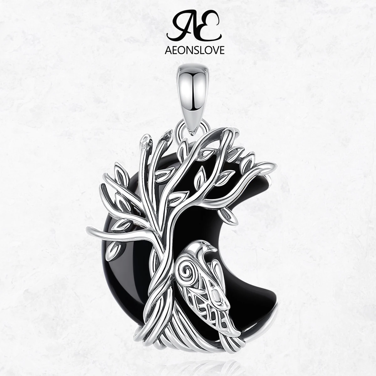 

AEONSLOVE Tree of Life Raven Necklace Crescent Moon Obsidian Natural Amethyst Pendant Wicca Pagan Jewelry Gift for Women Men