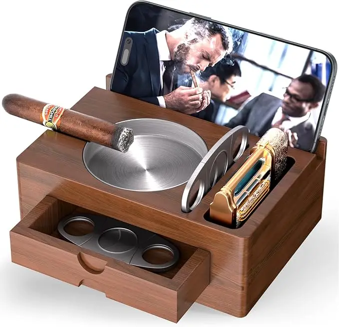 Detachable Wooden Cigar Ashtray with Accessories Drawer Cigar Cutter Included Outdoor/Patio/Home Office Elegant Decor for Men