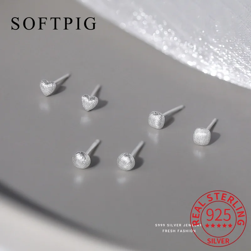 

SOFTPIG Real 925 Sterling Silver Frosted Square Heart Round Mini Stud Earrings for Women Cute Fine Jewelry Geometric Accessories