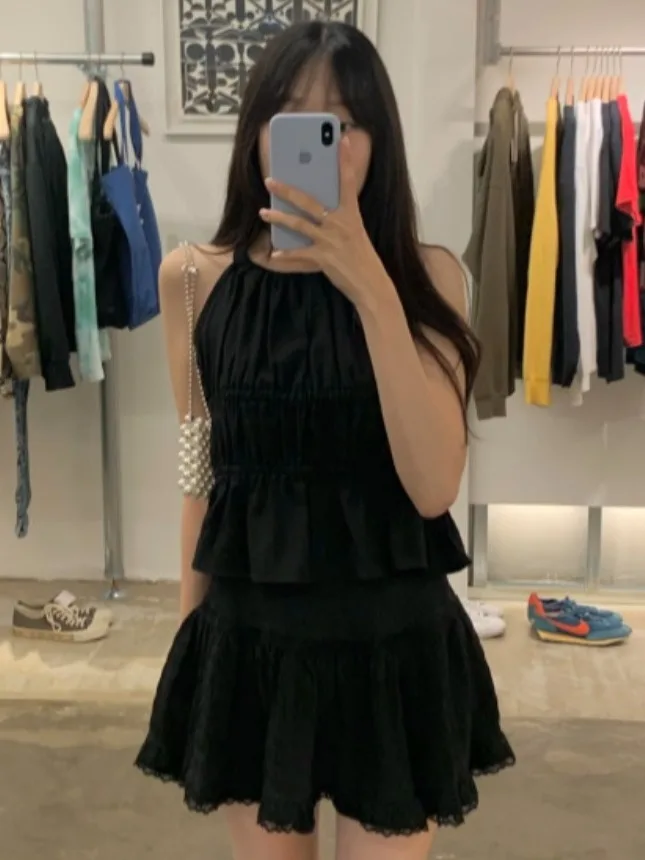 

Summer New Design Women's Folded Ne Vest irt Slimming Waist Effect Floral Top Hangs on Ne Ele Faionable