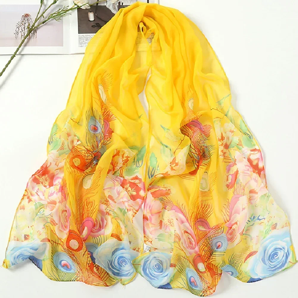 Holiday  Chiffon Peacock Feather Print Long Scarf Summer Shawl Sunscreen Elegant Hijab Scarf Chiffon