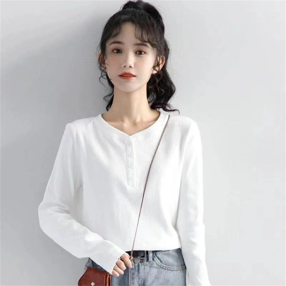 2024 Threaded Cotton Long Sleeve T-shirt Women's Bottom Shirt Spring and Autumn Inner Match Clear New Slimming Top