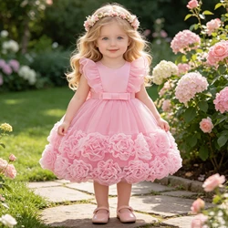 Big Bow Baby Party Dresses for Girl Christmas Costume Flying Sleeve Flower Princess 1st Birthday Baptism Girl Dress Wedding Gown