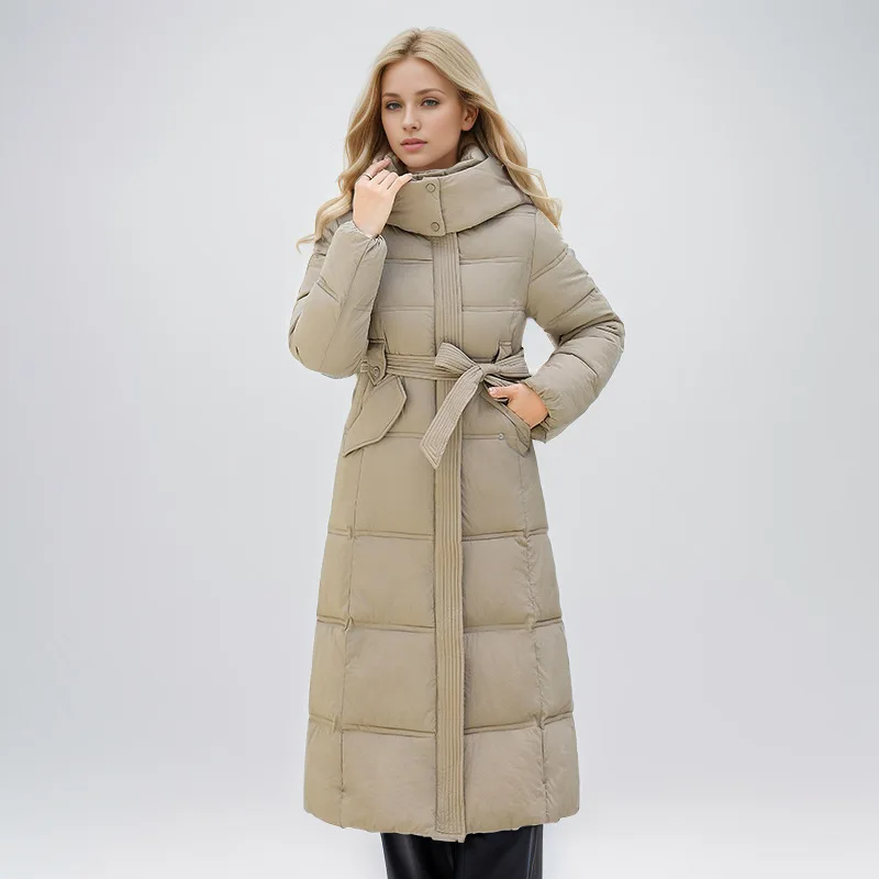 2024 Winter Women\'s Long Cotton Jacket Female Long Belt Over-the-knee Parkas Coats Women High Collar Hooded Warm Outerwear