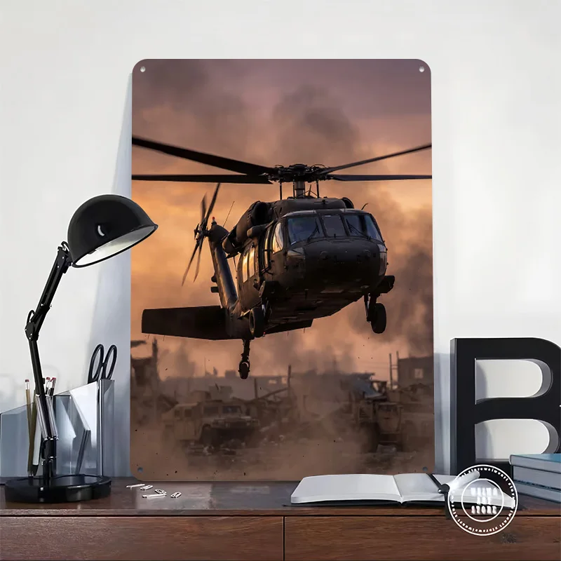 Military Helicopter in Action Personalized 3D Textured Metal Poster Wall Art Vintage Tin Signs for Home Decor Accessories Items