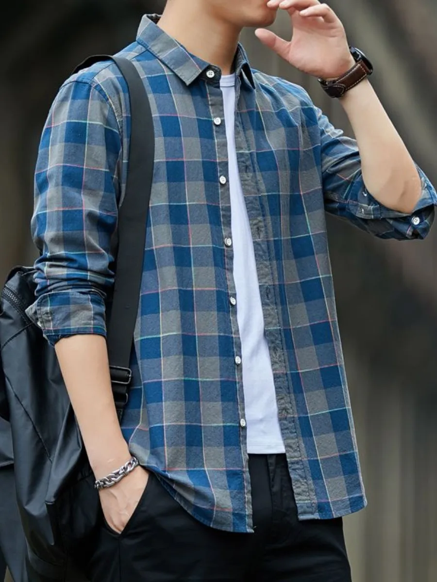 

Retro Plaid Cotton Long Sve Casual irt Men's Spring New Sle Youthful Faionable Ciwalk Suitable Collar Inner Wear
