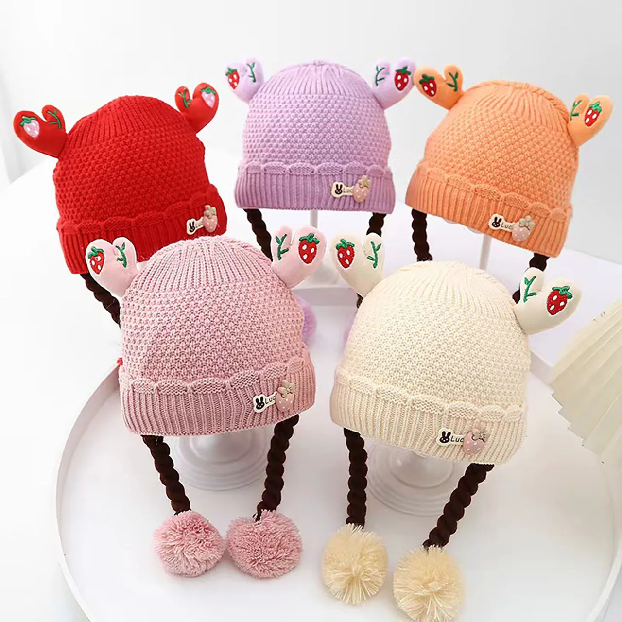 

Cute Braid Baby Knitted Hat Cute Cartoon Toddler Beanie Plush Ball Pendant Kids Pullover Cap 3-24Month Winter Warm Woolen Bonnet