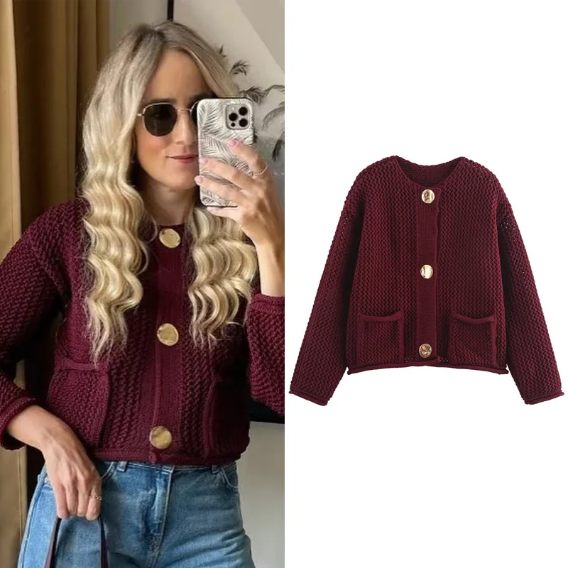 HXAO Women's Sweater Crochet Burgundy Sweater Cardigan Autumn Winter Crop Knit Outerwears Knitwear Long Sleeve Big Size Cardigan