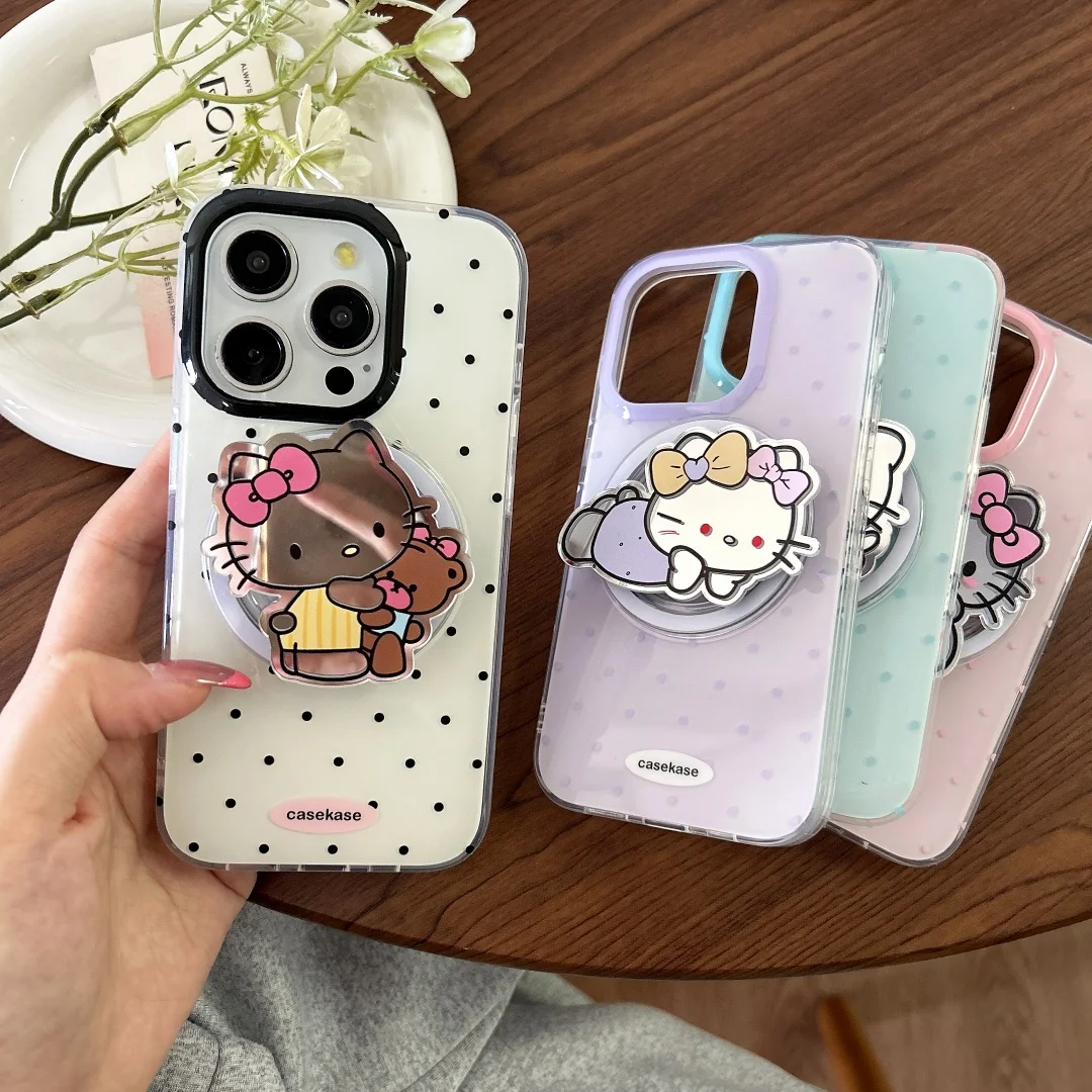 

Hello Kitty Polka Dot Small Fresh Magsafe Wireless Charge Case For iPhone13 14 15 16 Pro Max Cat Make Up Mirror Magnetic Holder﻿