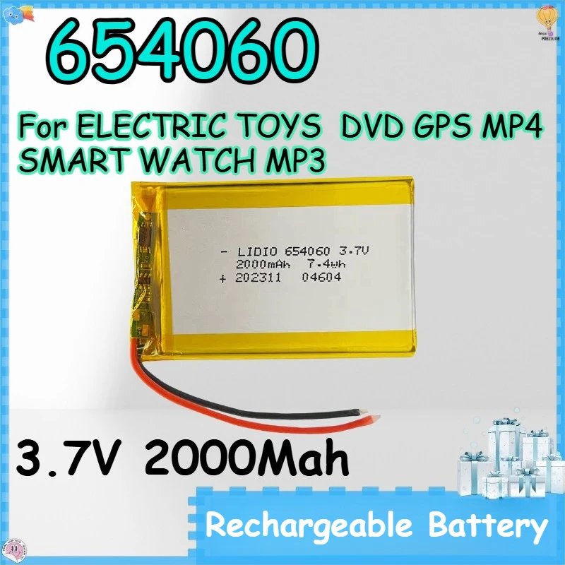 654060 3.7V 2000Mah Rechargeable Battery for ELECTRIC TOYS  DVD GPS MP4 SMART WATCH MP3 Lithium-ion Battery 654060