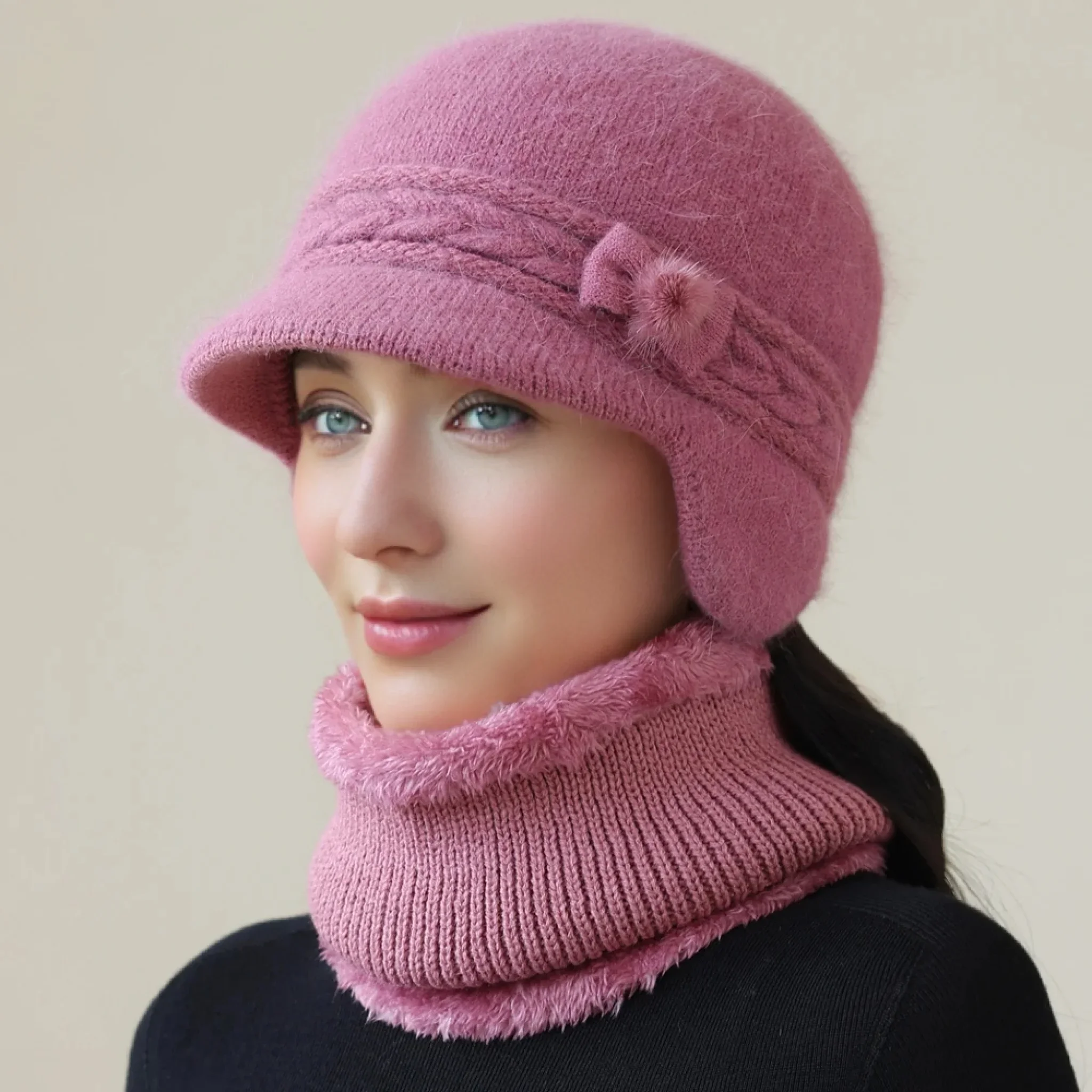 Hot Sale Women Winter Hat Ear Protection Warm Suit Plush Fur Lined Warm Hats For Female Casual Rabbit Fur Winter Knitted Cap