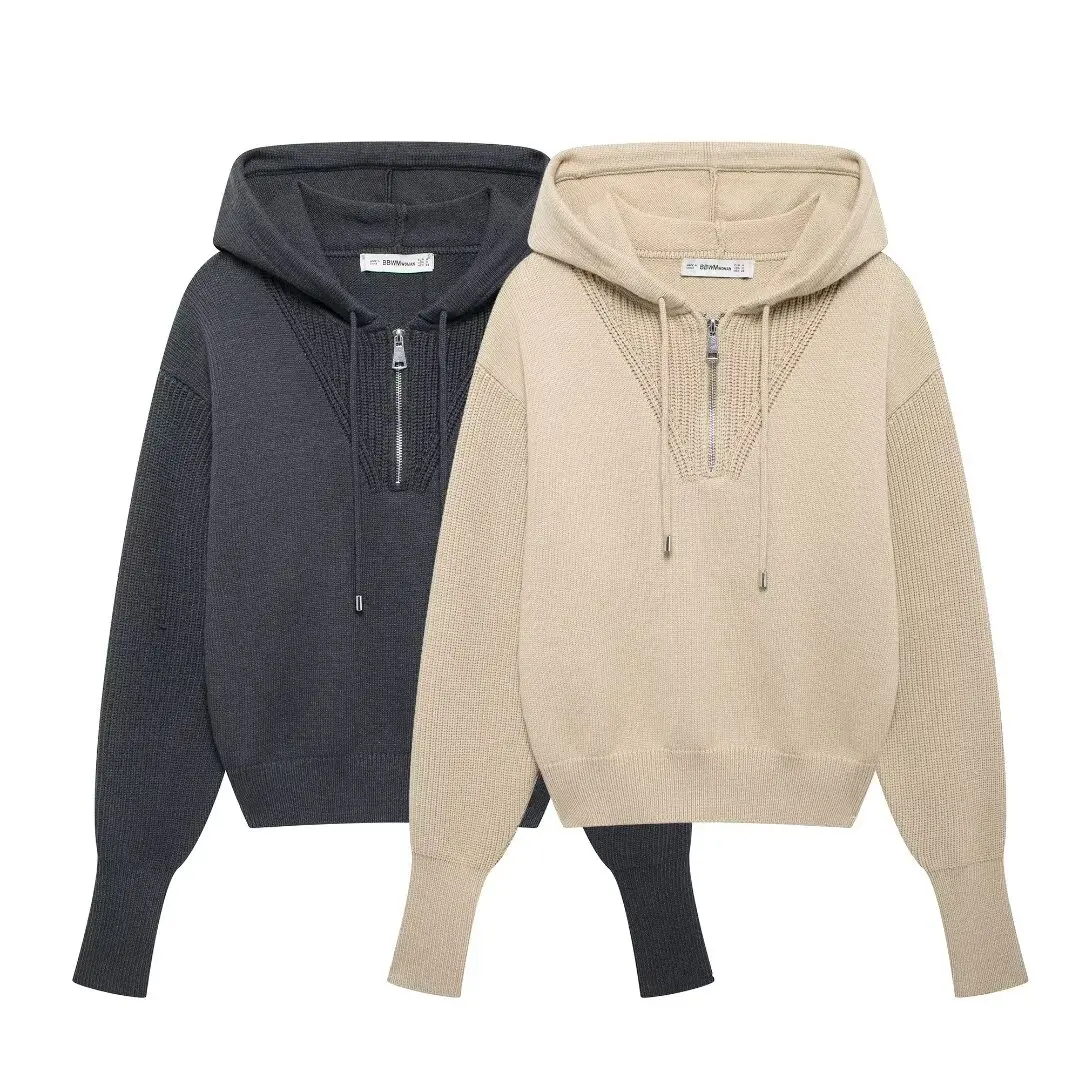 

Женский вязаный свитер с капюшоном, повседневный пуловер с длинными рукавами и декоративными завязками на молнии в стиле ретро