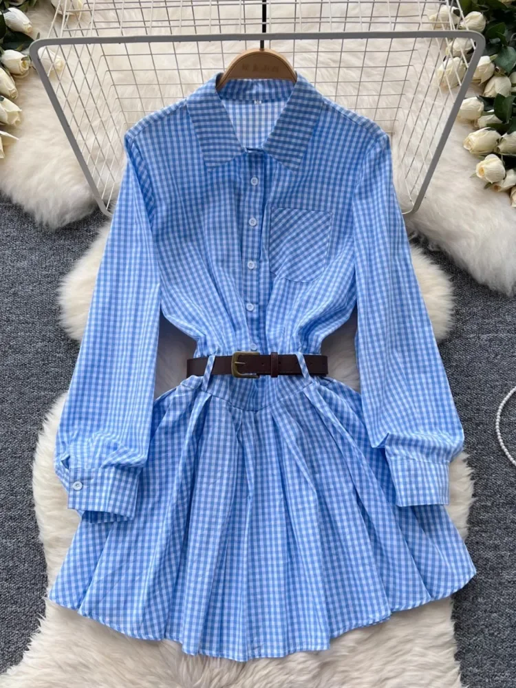 

Hikigawa Chic Fashion Women Korean Elegant Early Autumn Office Lady Slim Waist Plaid Dresses Vintage All Match Vestidos Mujer
