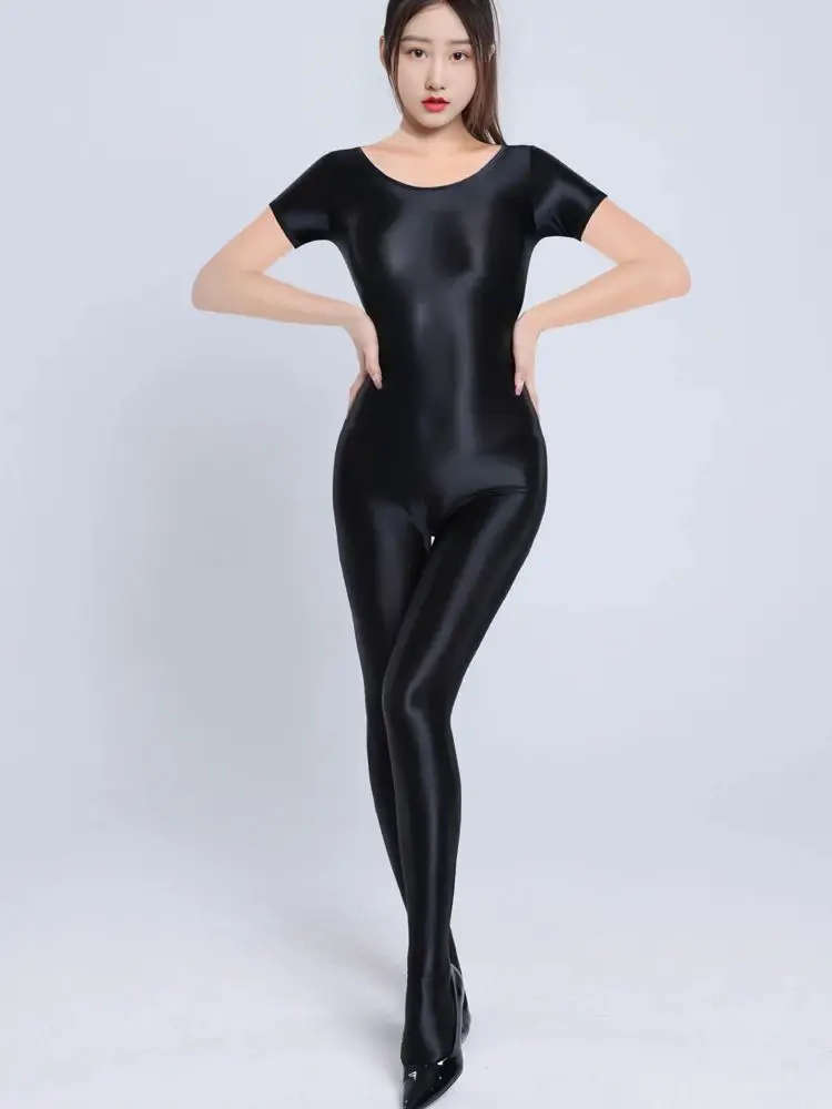 M XL Unisex Short Sleeve Glossy Shiny Bodystocking Catsuit Seamless Bust Bodysuit Tights Leotard Conjoined Jumpsuit Unitard Body