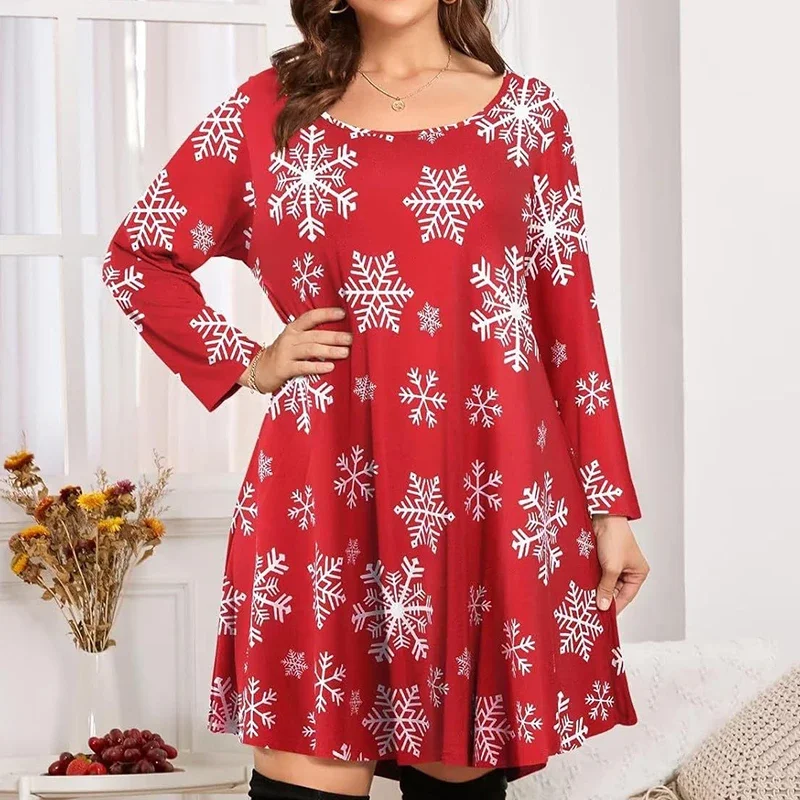 أنيقة زائد حجم فستان عطلة عيد الميلاد طباعة ثلج طويلة الأكمام الخريف الشتاء الملونة عارضة الطباعة تي شيرت فستان قصير #4