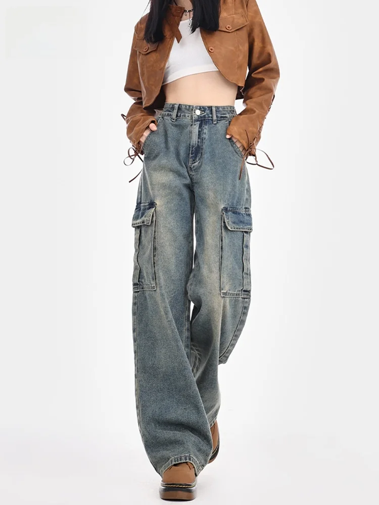 

American Retro Workwear Denim Pants Women's High Waist Drapey Loose Straight Leg Slimming Wide Leg Pants Spring Season