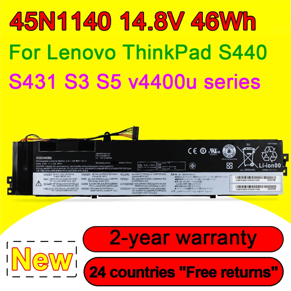 

Аккумулятор 45N1140 для ноутбука Lenovo ThinkPad S440 S431 S3 S5 V4400u 45N1141 45N1139 45N1138 121500159 121500158 14,8 V 3100mAh 46Wh