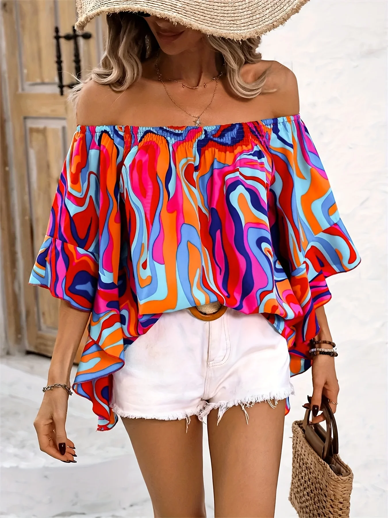 

Plus Size Women's Summer Off Shoulder Print Blouse Ruffle Hem Batwing Sleeve Vacation Island Style Shirt