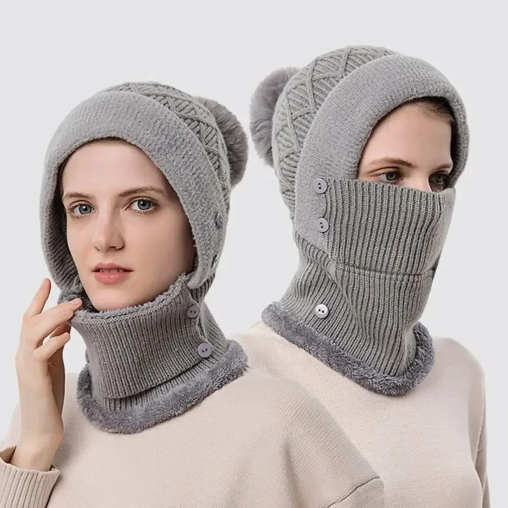 

Women Winter Keep Warm Hat with Scarf Knitted Pullover Cap for Outdoor Cycling Fleece Lining Neck Gaiter Hoodie with Face Mask