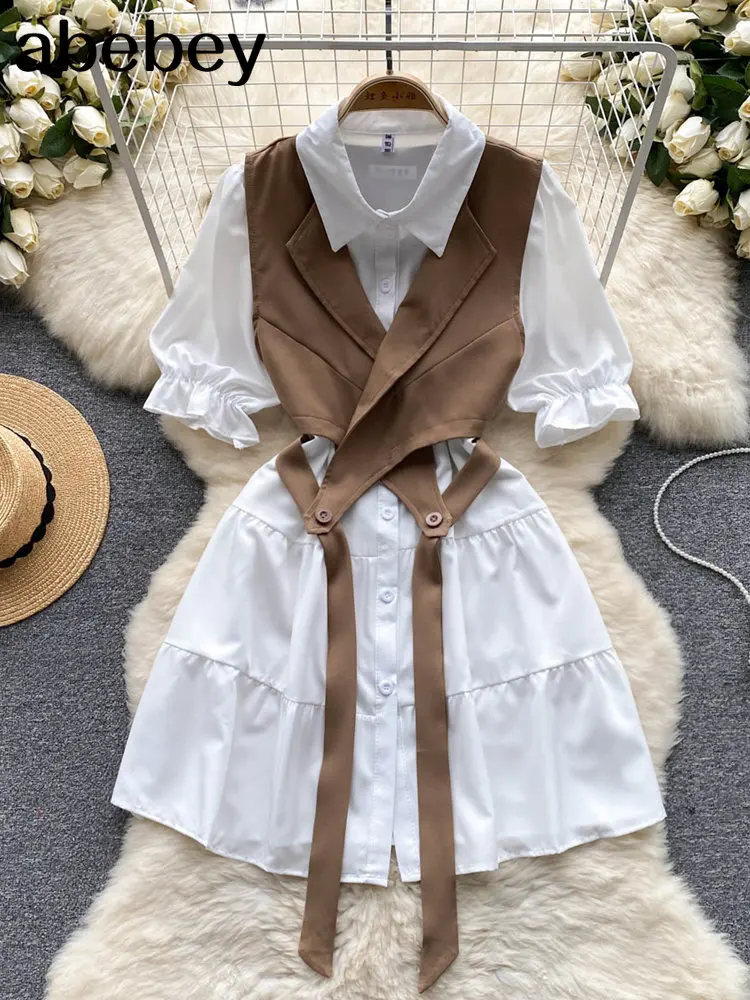 Japanese Style Woman Oversized Unique Two Piece Outfits Short Sleeve Casual Blouses Vest Set Feminine Shirt chemise femme