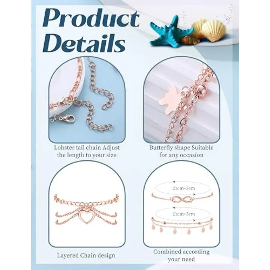 Toe Rings and Ankle Bracelets for Women Silver Rose Gold Plated Anklet Toe Rings Cute Layered Anklets Open Tail Rings Adjustabl view 2
