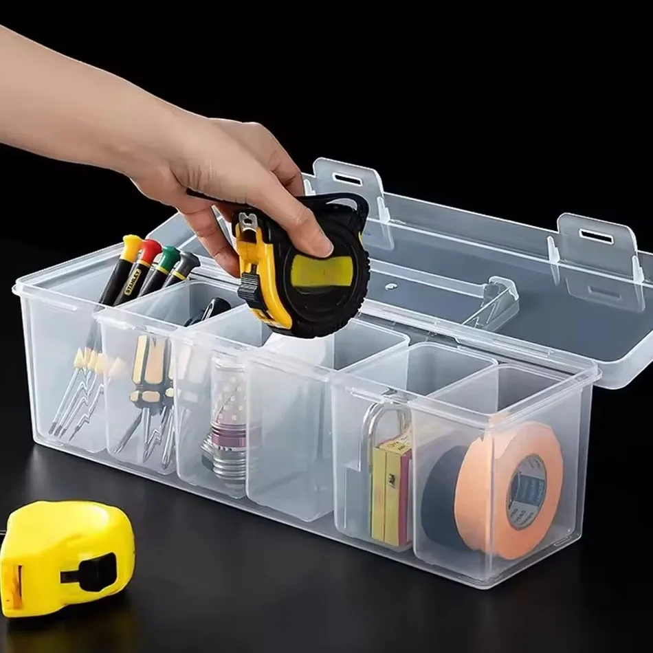Multi Compartment Transparent Tool Organizer Hardware Storage Box with Carry Handle for Home Organization and Garage