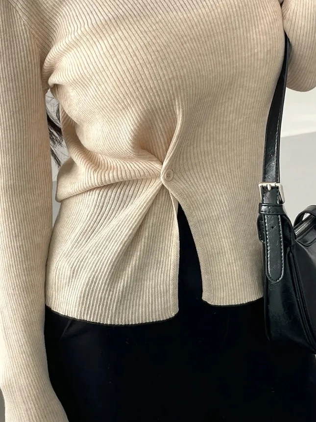 

Женский вязаный топ в корейском стиле с v-образным вырезом и сексуальным базовым слоем с застежкой на талии для ранней осени