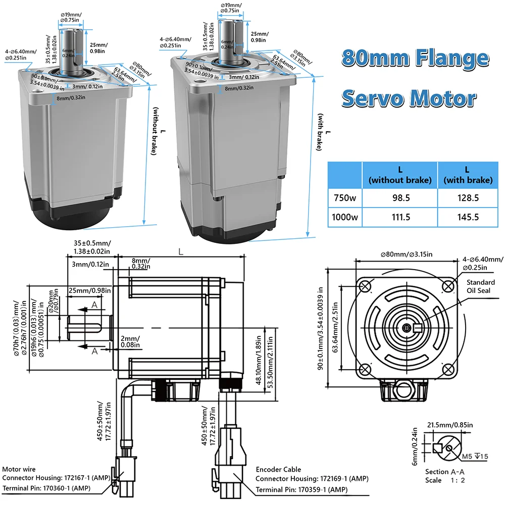 AC Servo Motor Driver Kit 400W/750W/1KW 17/21Bit Single Multi Absolute Encoder 3000RPM 2.39Nm~3.18Nm 80 Flange Servo With RS485