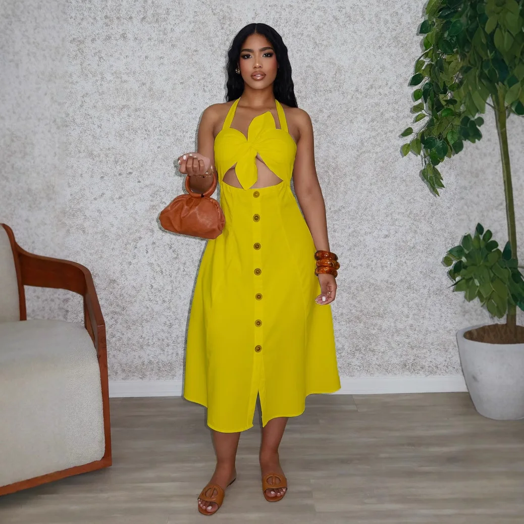 

Summer Fashion Solid Color Dress Women Sexy V-neck Backless High Waisted Dress Casual Beach Dress Women