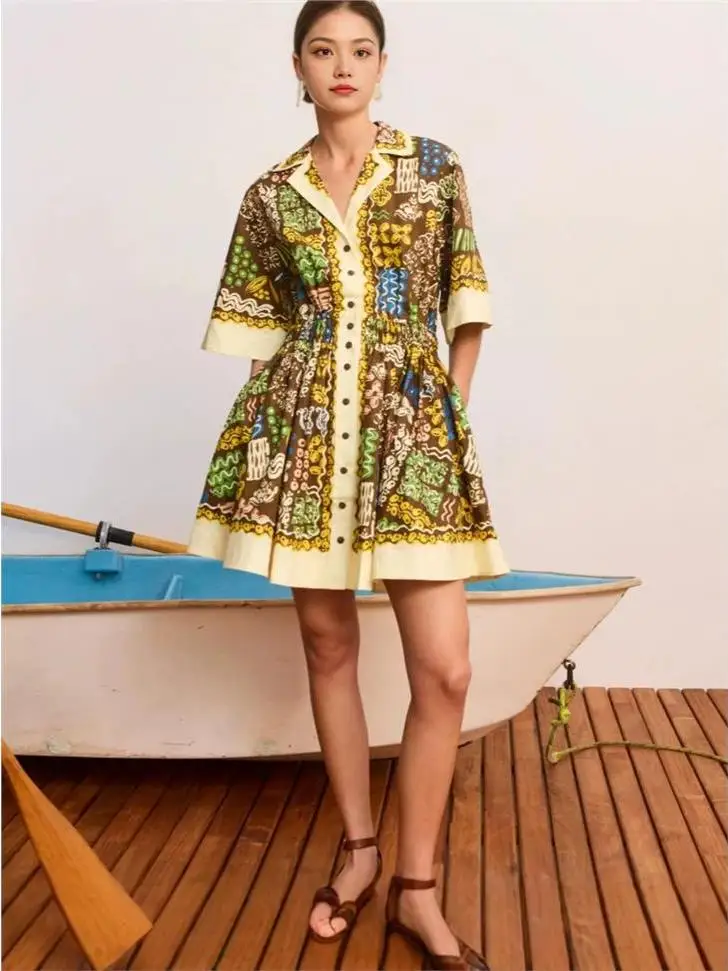 

Fashionable Short Sleeve Linen Print Suit Collar Dress Versatile Stylish Design mid Waist A-Line Skirt Loose Fit Casual Wear