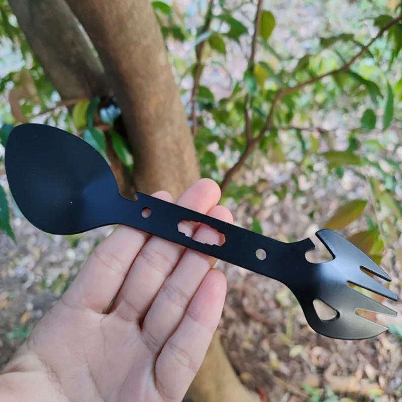 Ao ar livre de aço inoxidável multi-funcional garfo colher talheres combinação abridor de garrafa arpão acampamento equipamentos sobrevivência edc