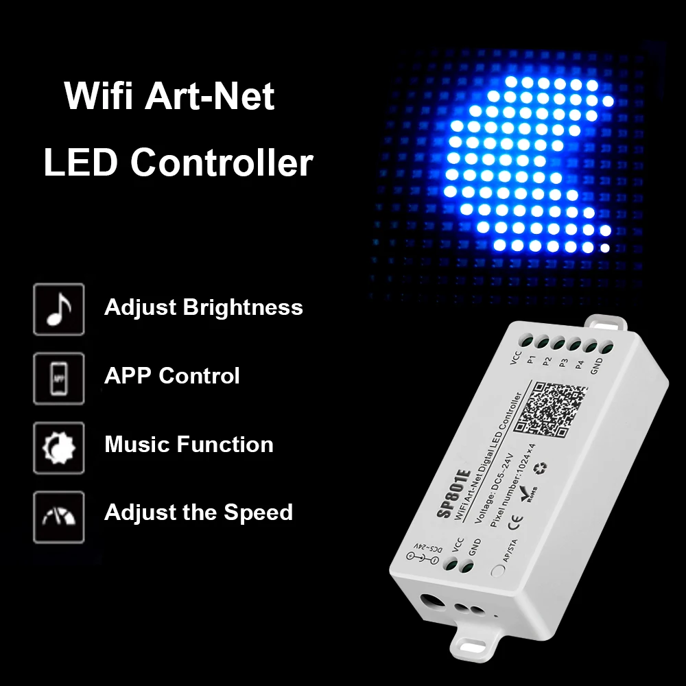 DC5-24V SP801E iOS Android Programmable APP Art-Net Magic Wifi Control WS2812B LED Matrix Panel Module Light Strip Controller