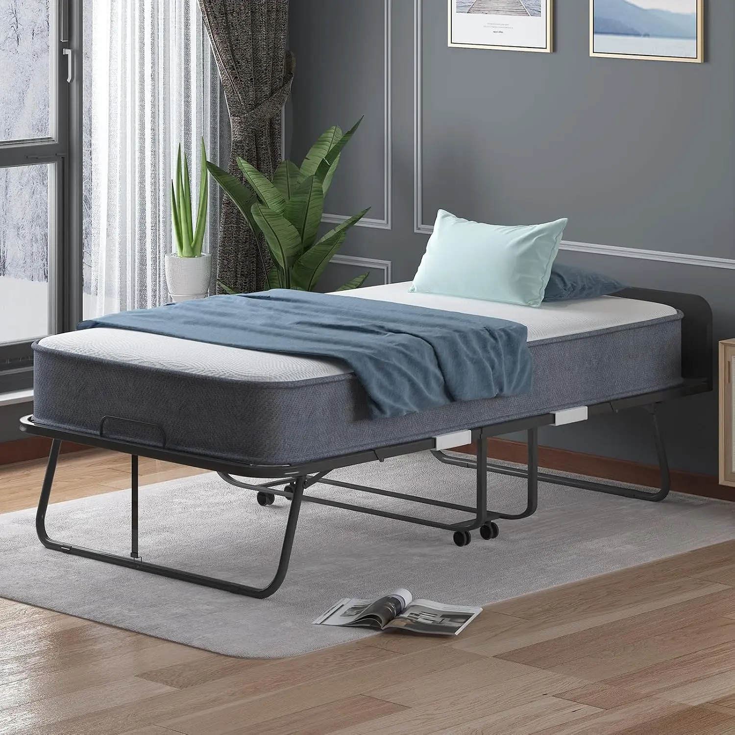 Twin Portable Folding Rollaway Bed, 75x46in, 5" Thick Memory Foam Mattress for Adults, Custom