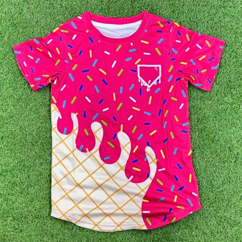 Fun Ice Cream Colored Candy Full Printed Short Sleeved Waffle Checkered Patchwork Personalized Trendy Casual Top