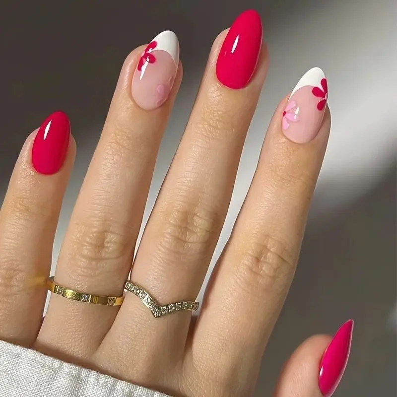 

2026 New Simple Medium-Length Almond Nail Art, Sweet Pink Floral French Design for Spring and Summer.
